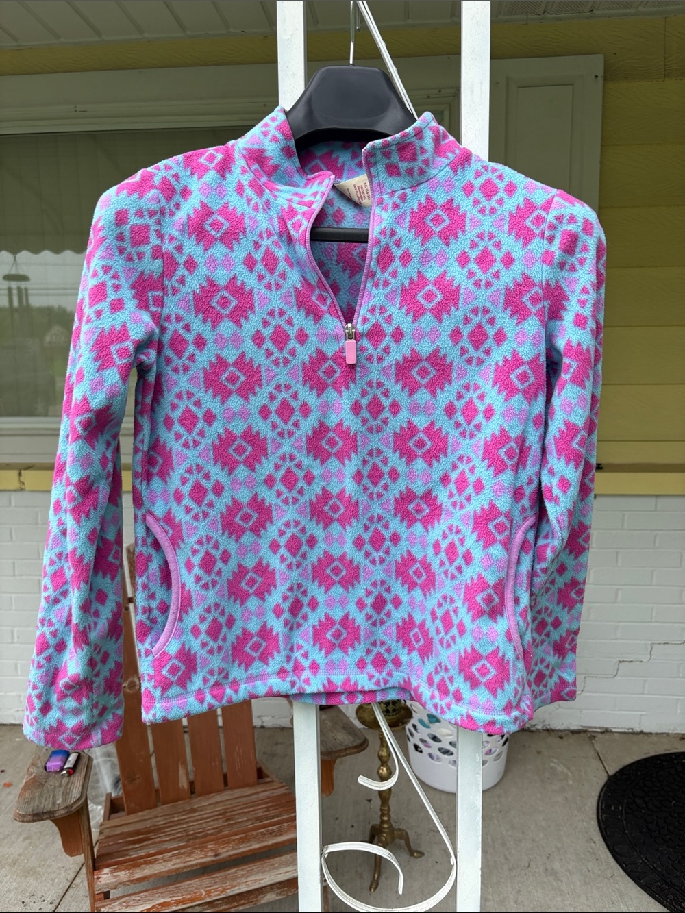 Faded Glory Pink and Aqua Geometric Half-Zip Fleece Pullover